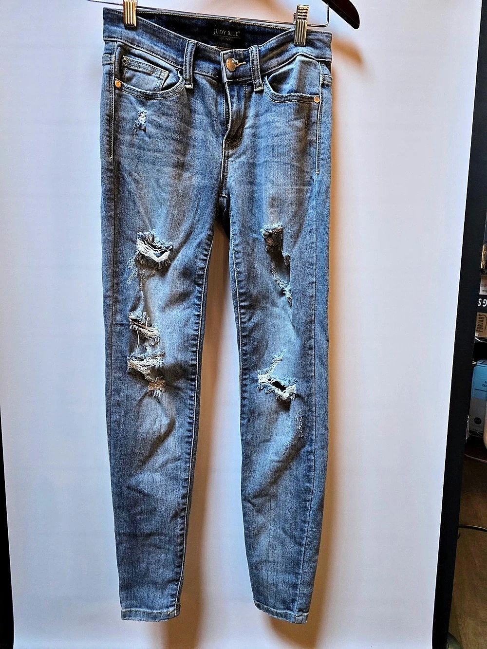 Judy Blue Peter Mid Rise Distressed Skinny Jeans Blue Waist 1/25